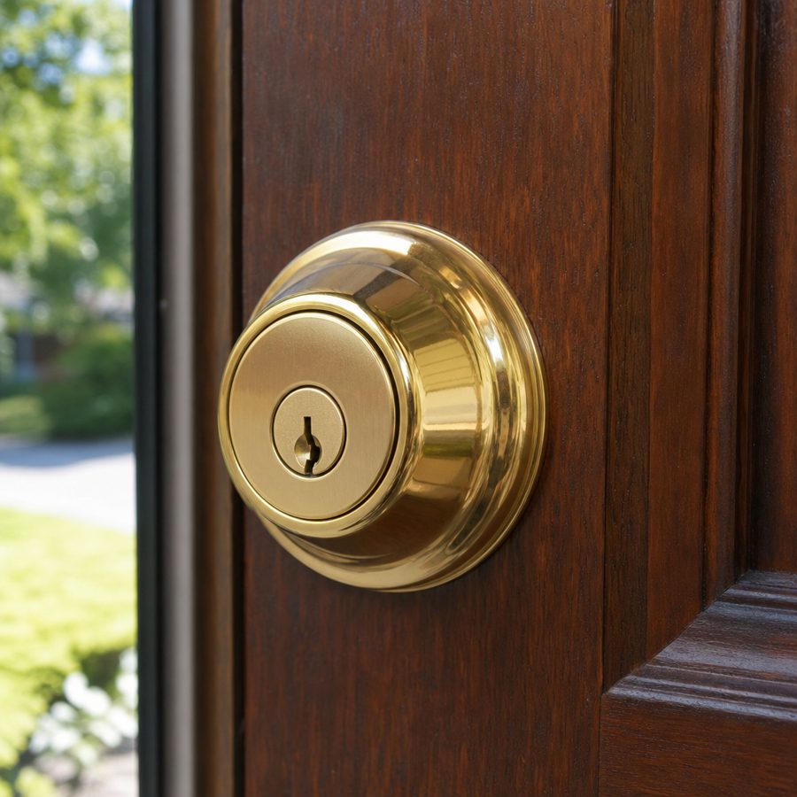 Brass residential deadbolt lock mounted on a wooden front door