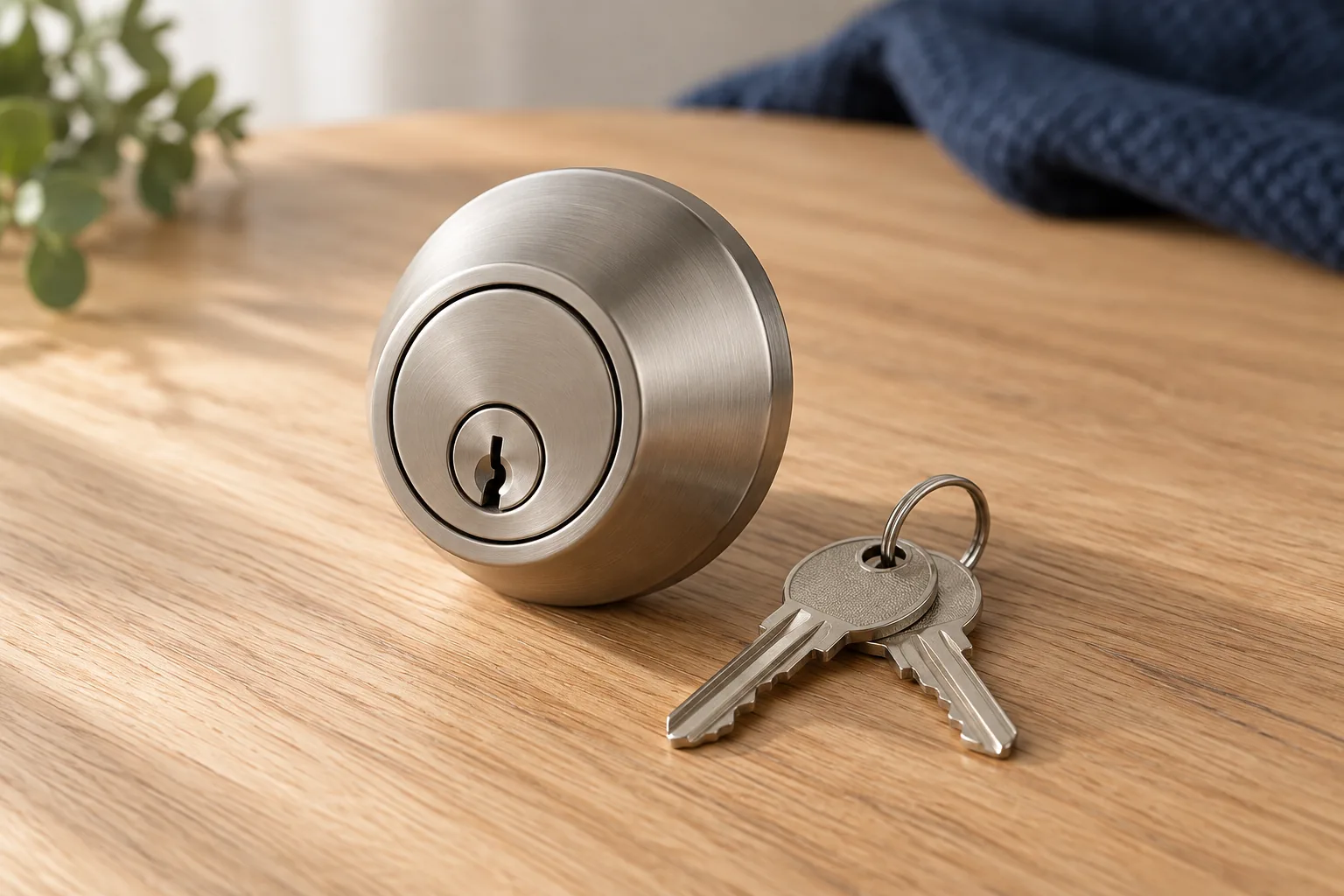 Brushed-nickel deadbolt with two cut keys on a key ring