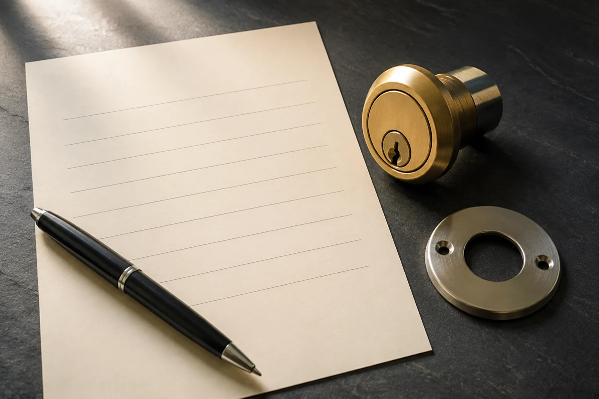 Blank estimate sheet and pen beside residential lock hardware