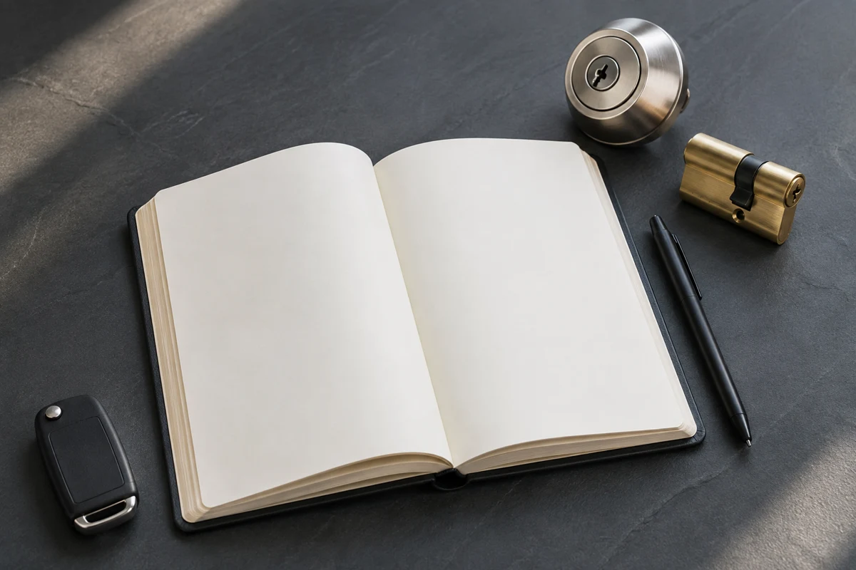 Open reference notebook beside residential lock hardware and a car key fob