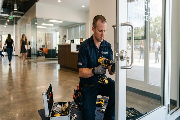 Commercial locksmith installing an access control reader at a glass office entrance