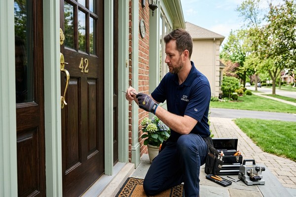 Residential locksmith service at a home front door